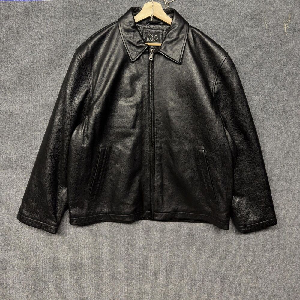 Jos A Bank Leather Bomber Jacket Mens L Black Quilted Lined Zip Pockets Biker